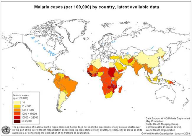 Распространенность малярии в мире